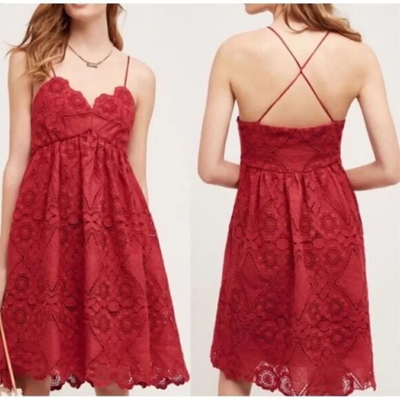 MAEVE x ANTHROPOLOGIE | NWT Red Lace Lined Cross Strap Babydoll Dress | Size 4 - Picture 1 of 12